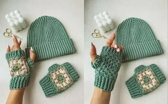 Conjunto de gorro e luvas de crochê verde com detalhes em flor.