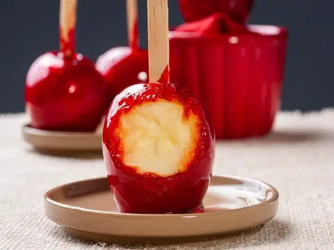 Maçã do amor com cobertura vermelha brilhante e pedaço retirado, em uma apresentação simples e encantadora.