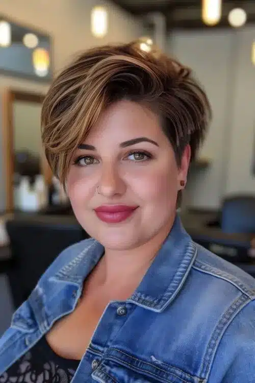 Mulher com corte de cabelo pixie com volume, sorrindo em um ambiente de salão moderno.