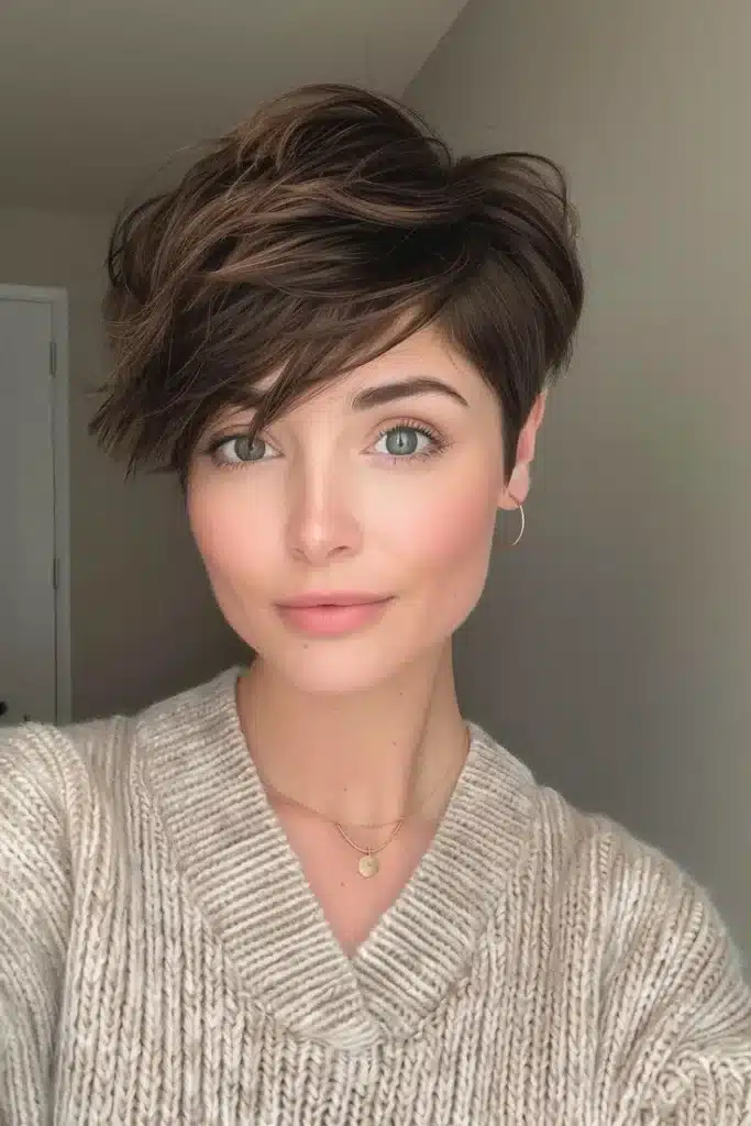 Mulher com corte de cabelo pixie despojado, estilo natural e casual.