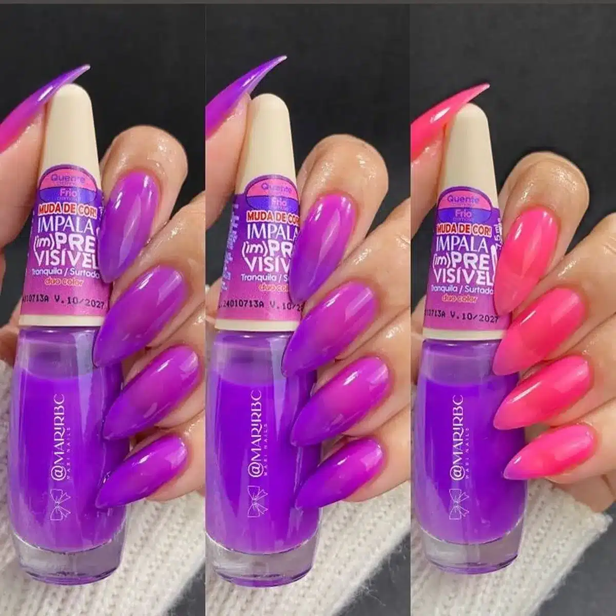 Unhas que mudam de cor com esmalte termocrômico – transformação de roxo para rosa.
