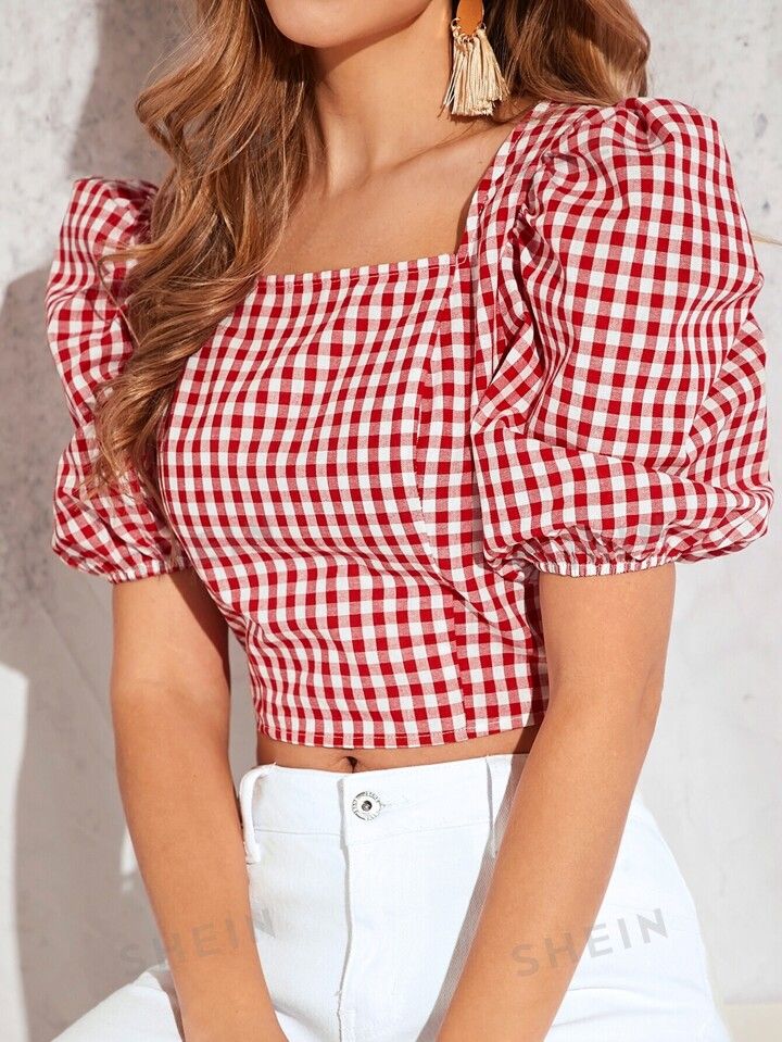Blusa xadrez vermelha com mangas bufantes, ideal para look de festa junina 2025