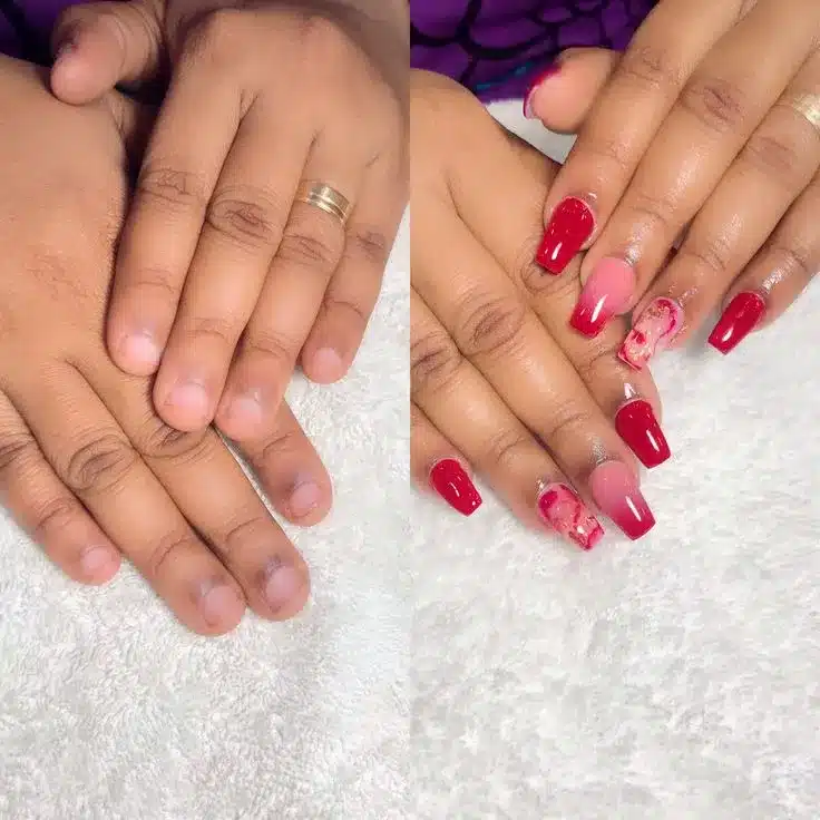 Antes e depois de unhas de acrílico, mostrando a transformação das unhas naturais para unhas decoradas com esmalte vermelho e design moderno.