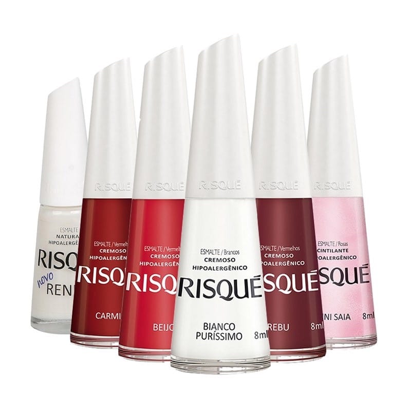 Linha de esmaltes hipoalergênicos da marca Risqué com diversas cores
