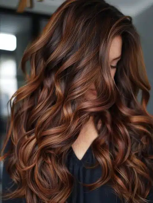 Cabelo longo com ondas e balayage castanho mel iluminado