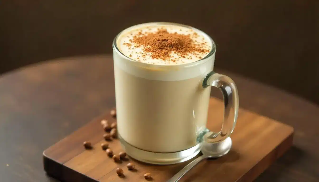 Bebida cremosa com canela servida em caneca de vidro sobre tábua de madeira