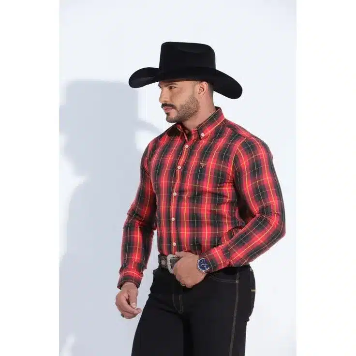 Homem usando camisa xadrez vermelha e preta, com chapéu de cowboy e calça preta
