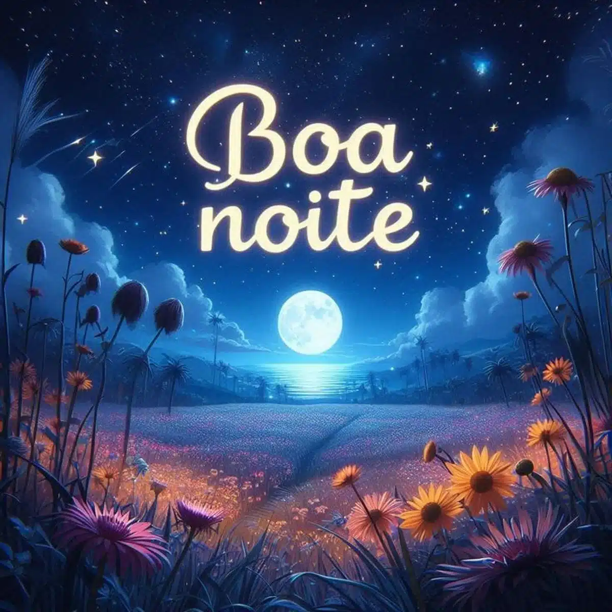 Imagem de boa noite com flores e lua, desejando uma semana repleta de paz e felicidade.