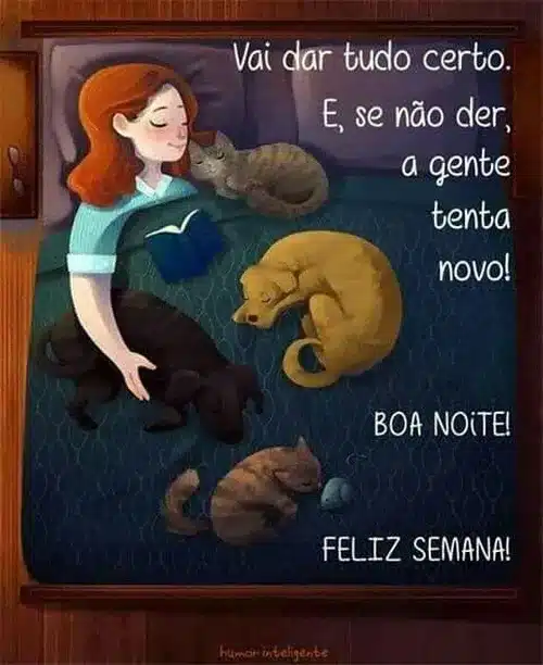 Imagem de uma mulher lendo com seus animais de estimação, incluindo cães e gatos, com uma mensagem motivacional para a semana.