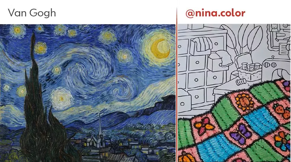 Recriação da textura de pinceladas de Van Gogh em um desenho inspirado no estilo de 'A Noite Estrelada'.