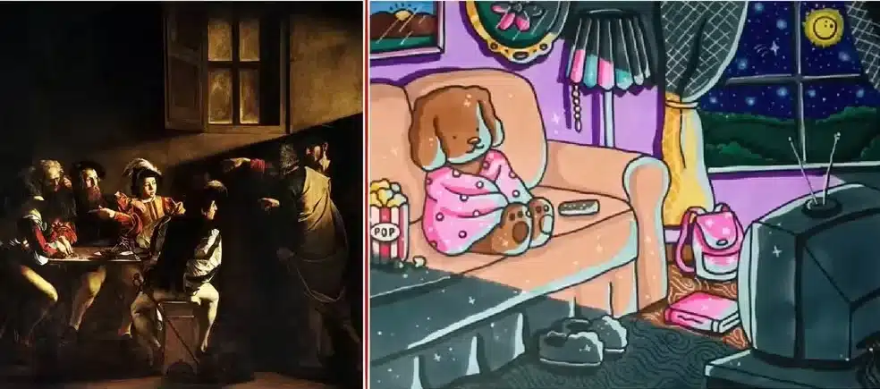 Ilustração inspirada na iluminação dramática de Caravaggio, com uma cena de um cachorro Bobbie Goods assistindo TV em um ambiente confortável.