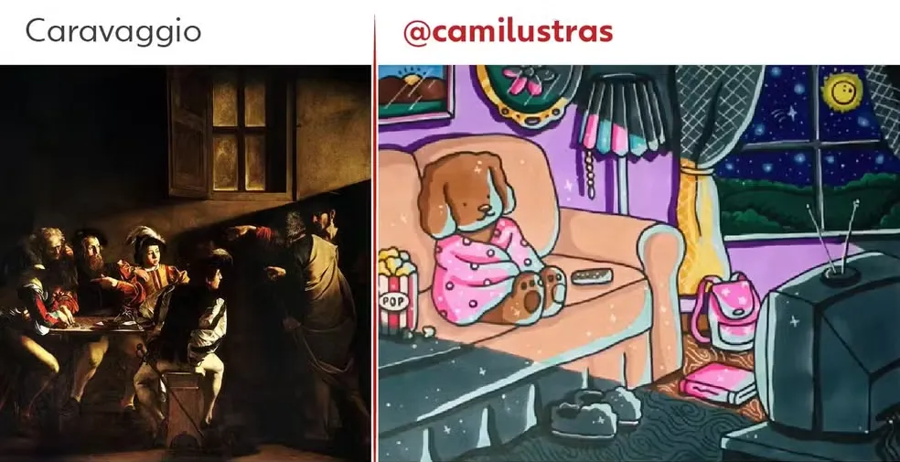 Ilustração inspirada na iluminação dramática de Caravaggio, com uma cena de um cachorro Bobbie Goods assistindo TV em um ambiente confortável.