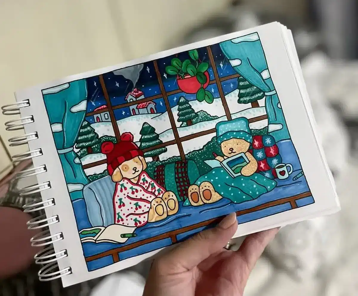 Imagem de uma técnica de colorir para relaxamento, com ursinhos em um cenário de inverno.