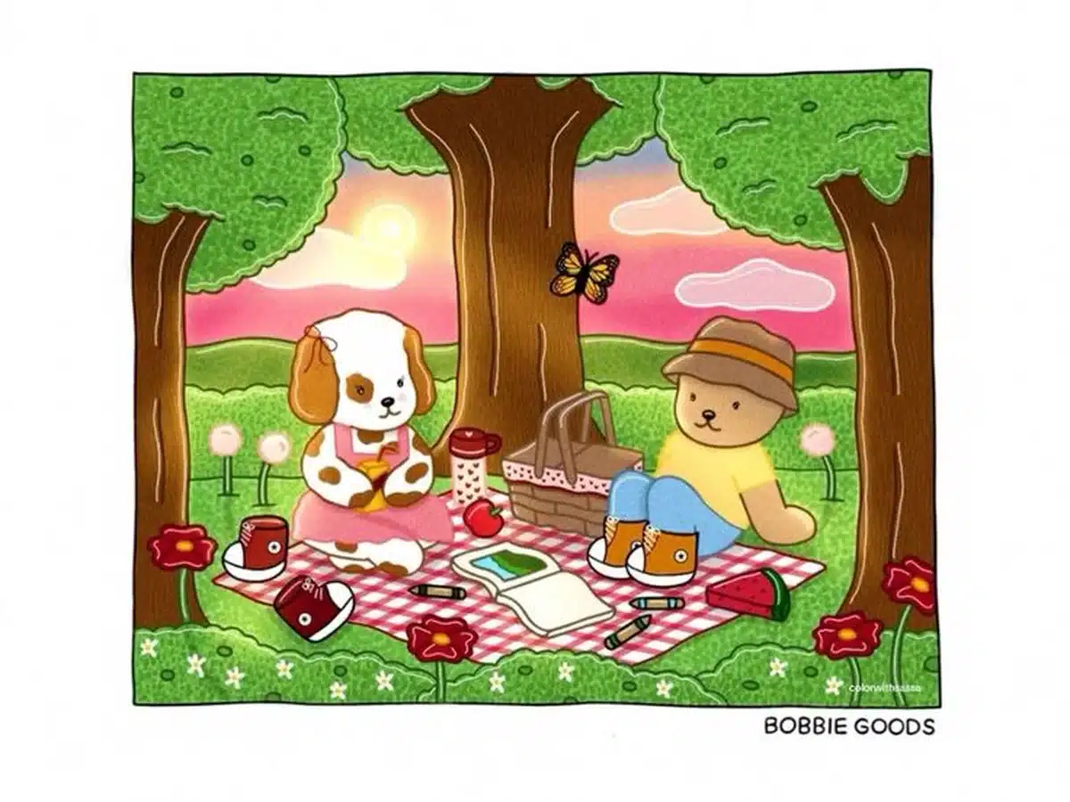 Ilustração de um cachorro e um ursinho fazendo um piquenique colorido no campo com flores, árvores e céu ao entardecer, com técnicas criativas de pintura.