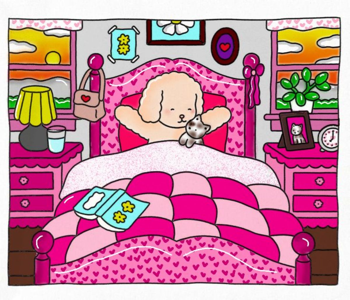 Desenho colorido do quarto da personagem Bobbie Goods com decoração rosa e detalhes de pelúcia