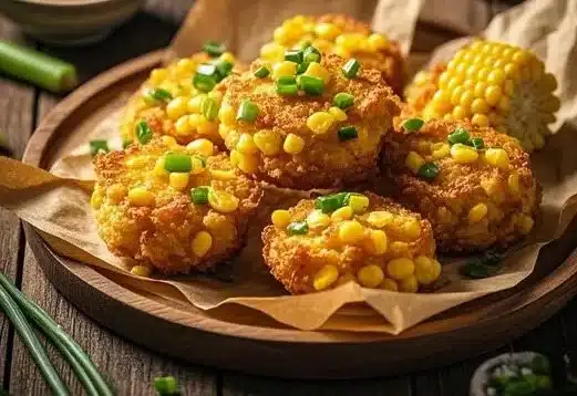Bolinho de milho crocante, frito e dourado, com milho visível na superfície e decorado com cebolinha.