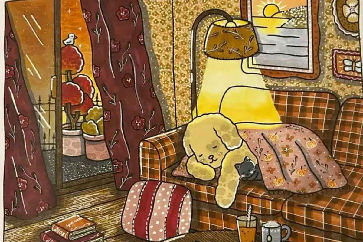 Cachorrinho dormindo no sofá com um gato ao lado, cortinas florais e ambiente acolhedor.