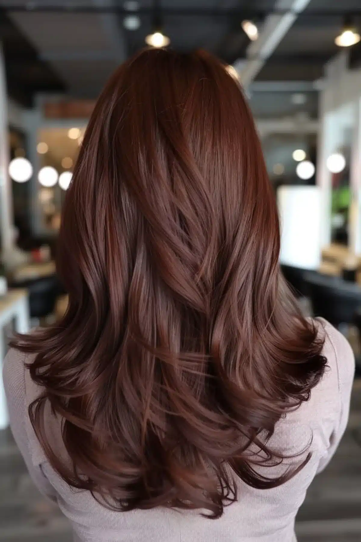 Cabelo longo em tom chocolate com brilho intenso e corte em camadas.