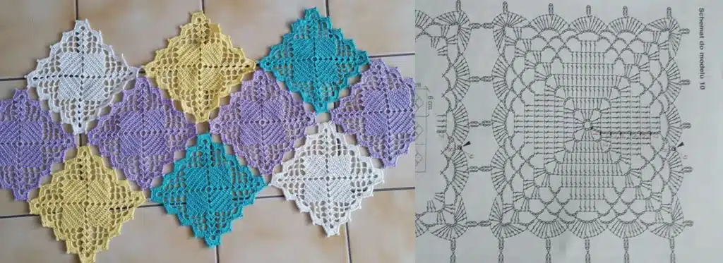 Caminho de mesa colorido com quadradinho da vovó, feito com fios de crochê nas cores lilás, amarelo, branco e verde.