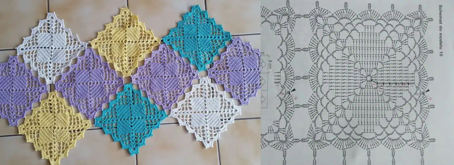  Caminho de mesa colorido com quadradinho da vovó, feito com fios de crochê nas cores lilás, amarelo, branco e verde.