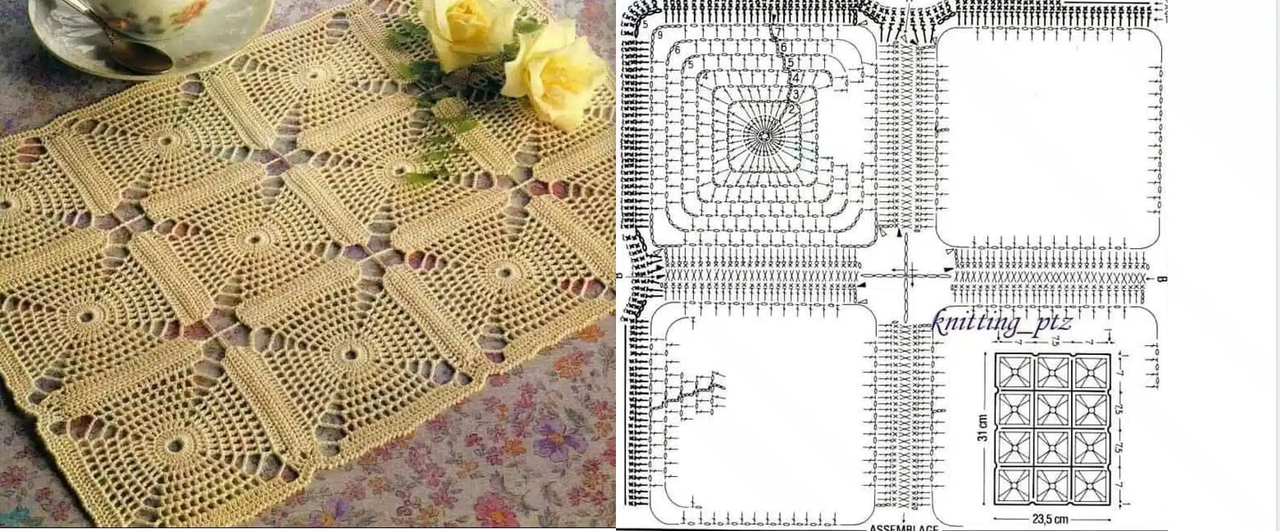 Caminho de mesa boho chic com detalhes em crochê e gráfico de confecção.