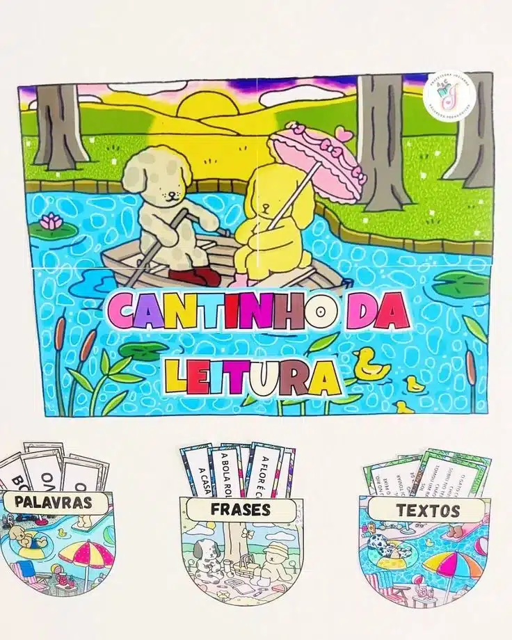 Cantinho de leitura com tema Bobbie Goods e cartões educativos