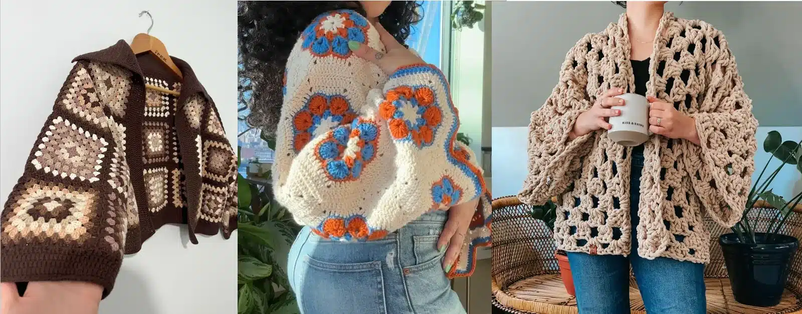Três cardigans de crochê com estampas variadas e cores em alta para o inverno 2025