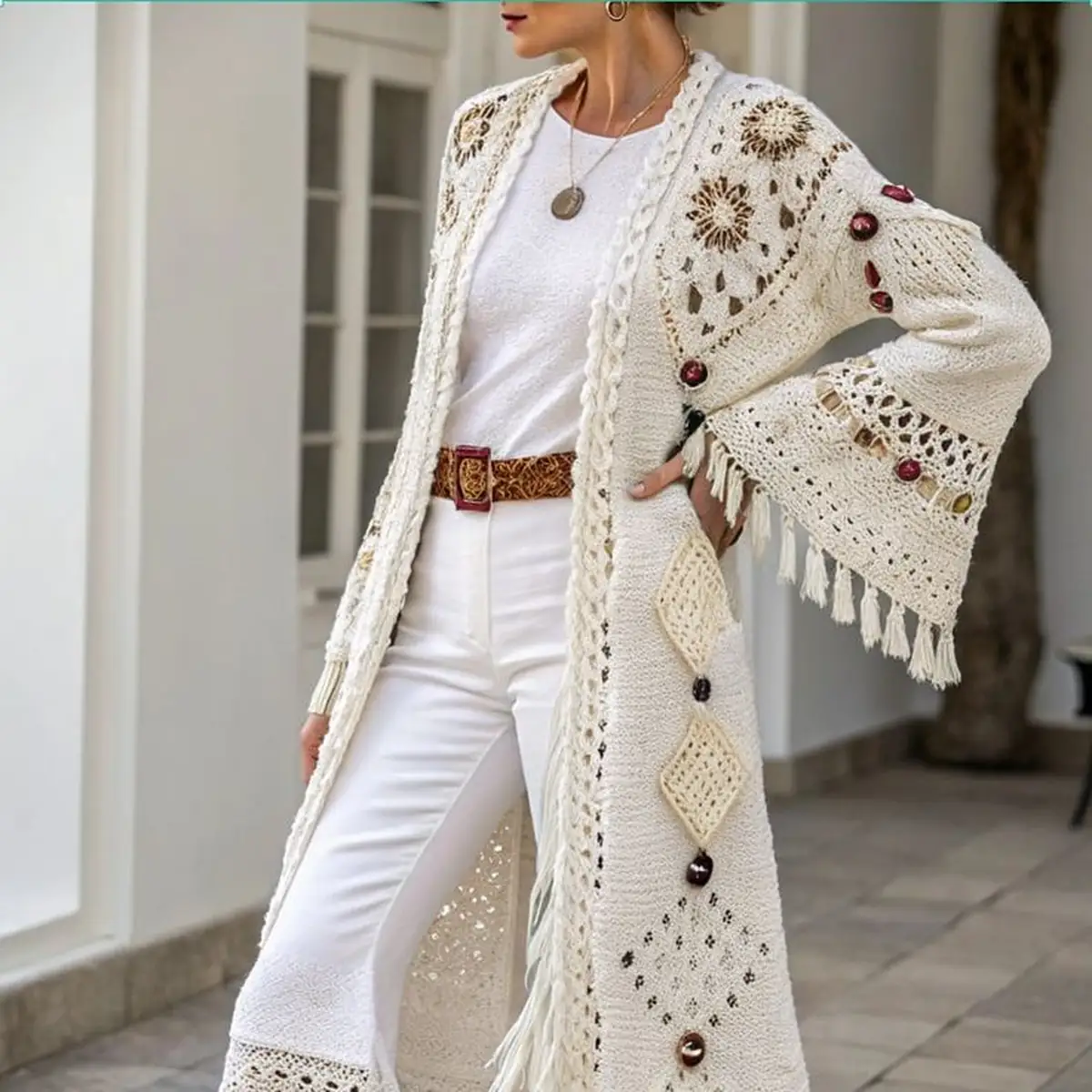 Casaco longo de crochê boho com detalhes artesanais e aplicação de franjas.