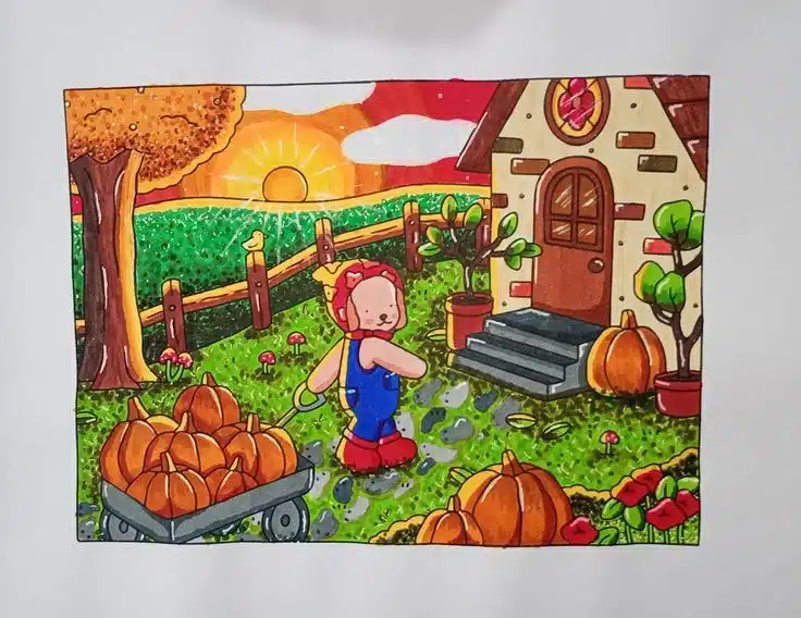 Personagem do Bobbie Goods em cena com texturas e iluminação na pintura de madeiras e tijolos da casa.