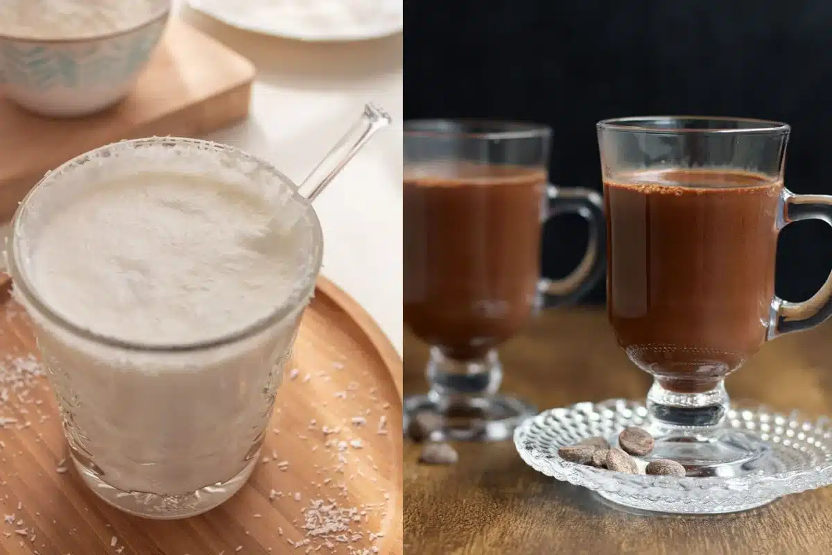 Batida de coco e chocolate quente servido em copos transparentes