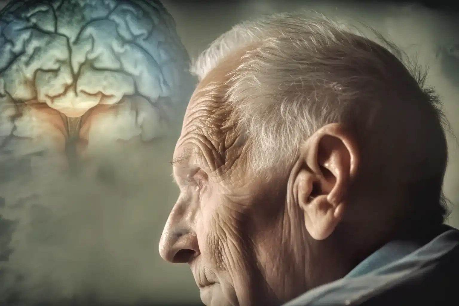 Imagem de um homem idoso refletindo sobre uma representação digital do cérebro, simbolizando a conexão entre envelhecimento e doenças neurodegenerativas.