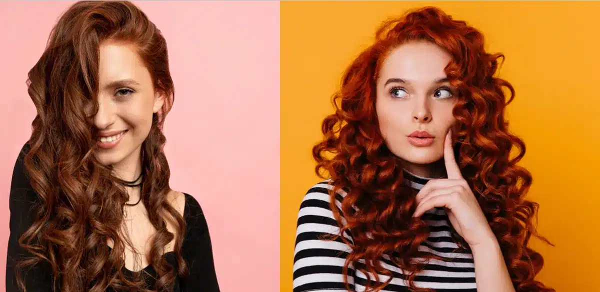 Duas mulheres com cabelos cacheados em tons de castanho iluminado e vermelho acobreado, com fundo colorido.