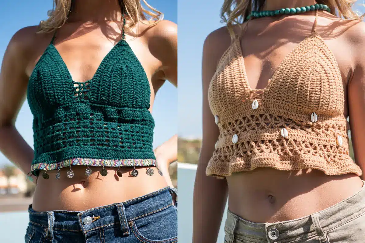 Cropped de crochê verde e bege com detalhes étnicos e conchas, ideal para o verão.