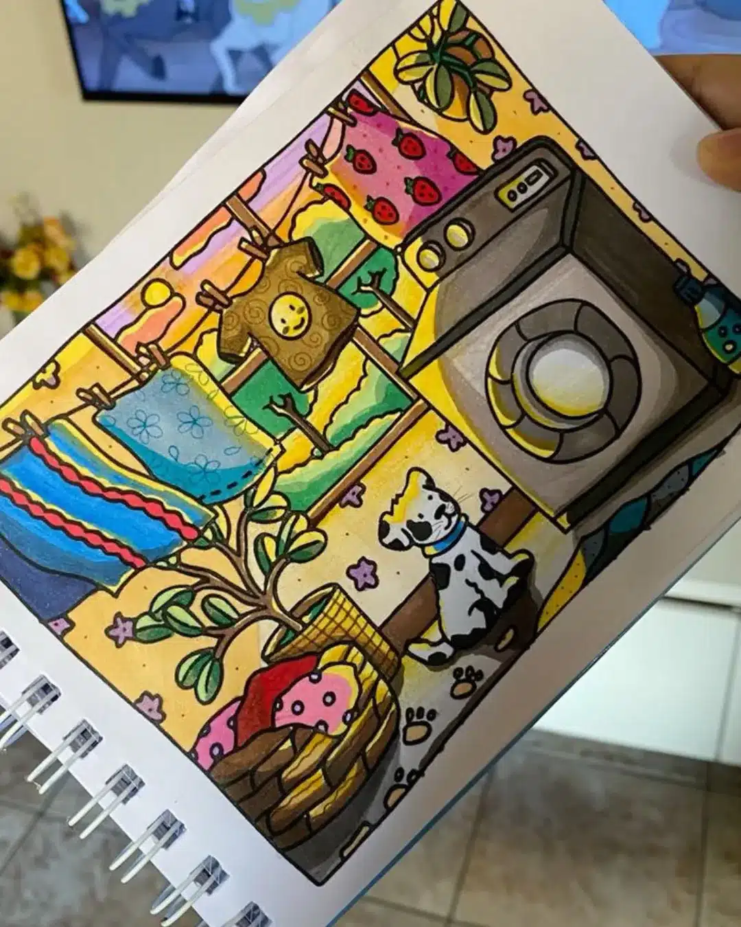  Ilustração colorida de lavanderia com máquina de lavar, roupas no varal e filhote de dálmata.