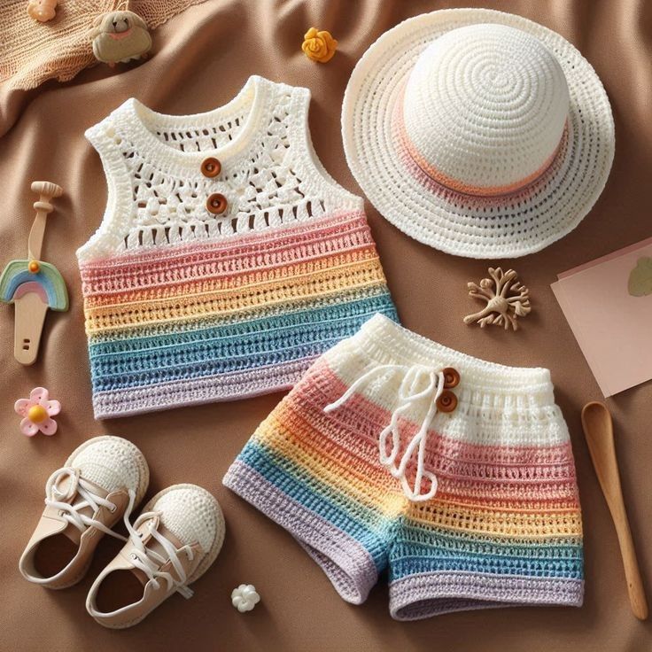 Conjunto infantil de crochê colorido com blusa, short e chapéu para menina