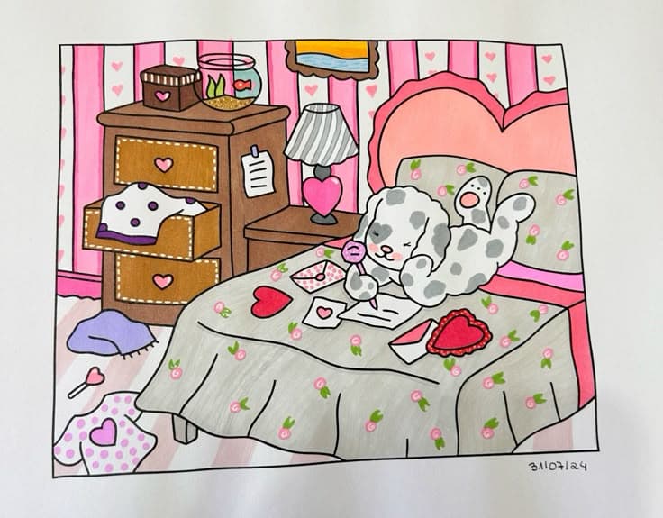 Ilustração colorida de um quarto com a personagem Bobbie Goods deitada na cama