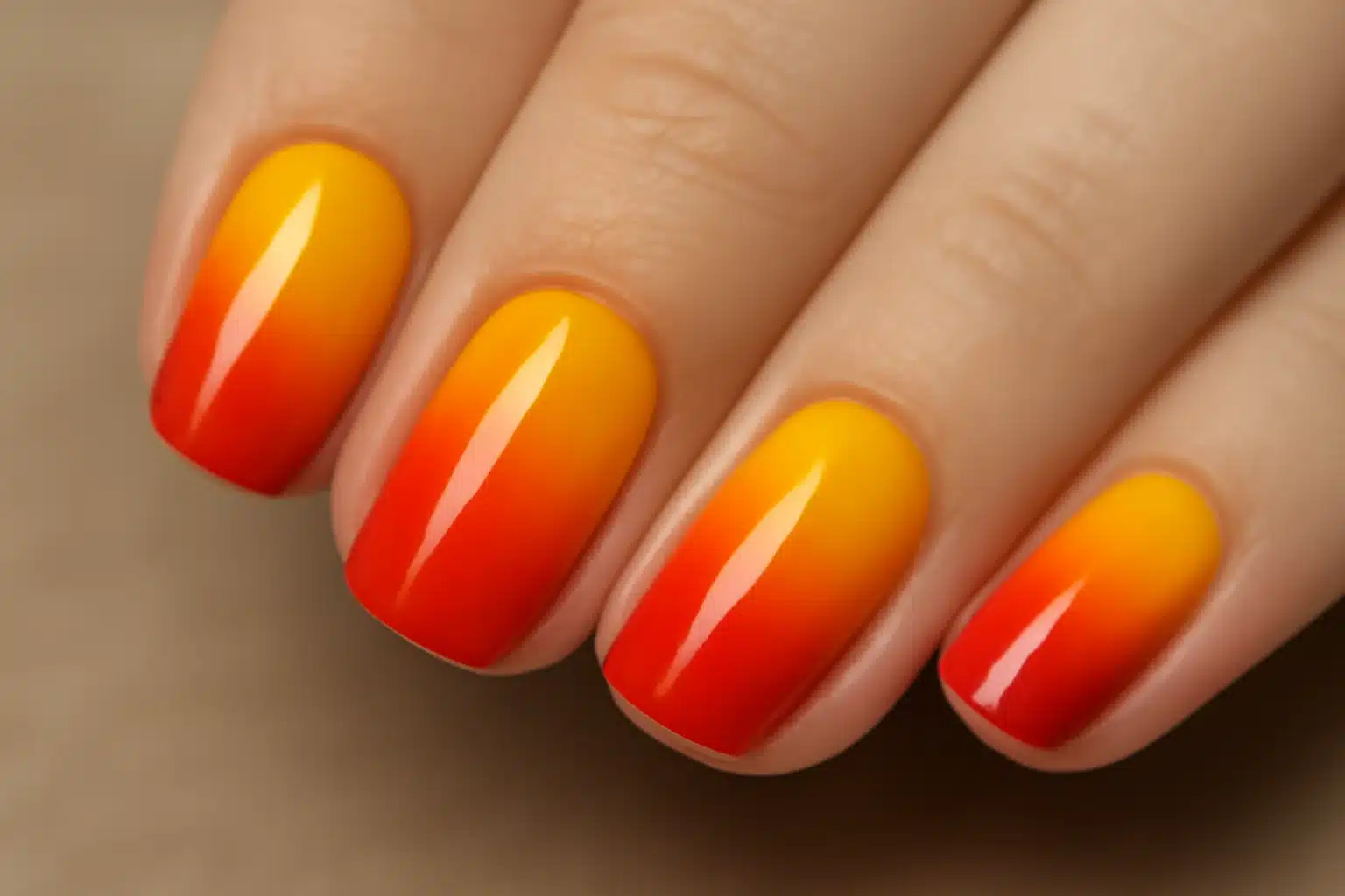Gradiente de esmalte de unhas em tons de amarelo e vermelho em estilo ombré.