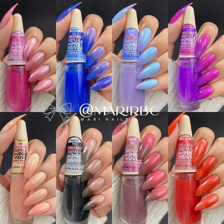 Esmaltes termocrômicos com diferentes cores exibidos em unhas, mostrando o efeito de mudança de cor.