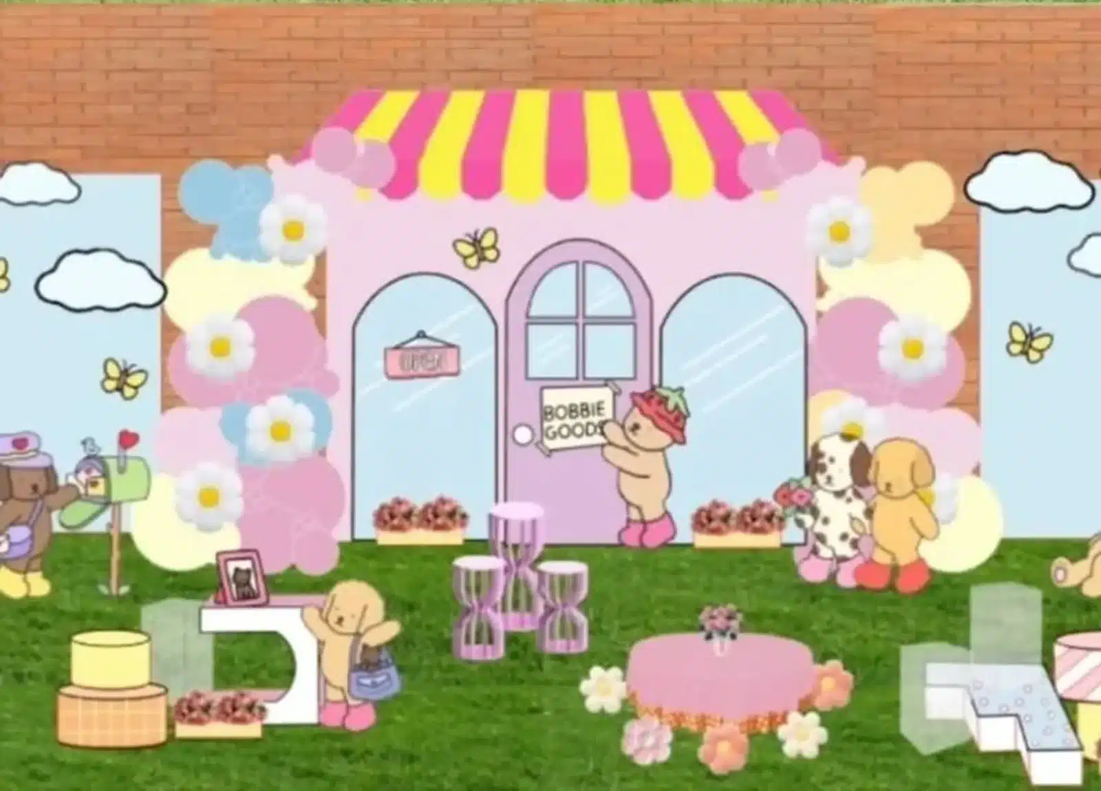 Decoração de festa ao ar livre com tema Bobbie Goods e elementos coloridos
