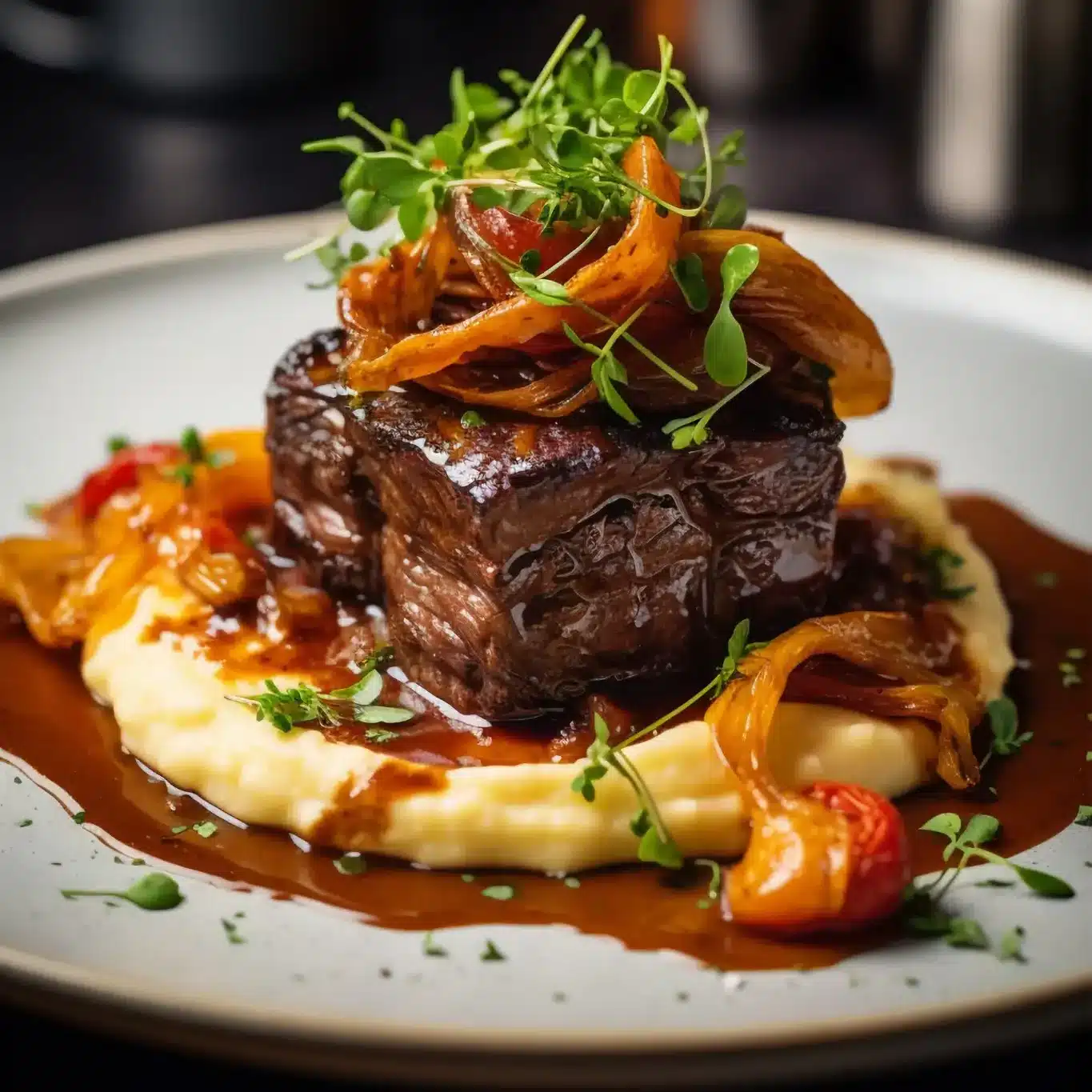 Filé ao molho madeira servido com purê e cebolas caramelizadas para jantar romântico