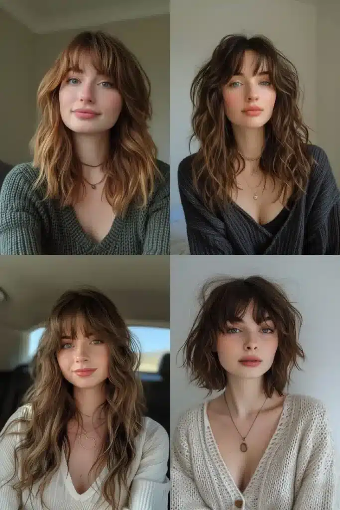 mulher com cabelo shaggy e franja, estilo descontraído
