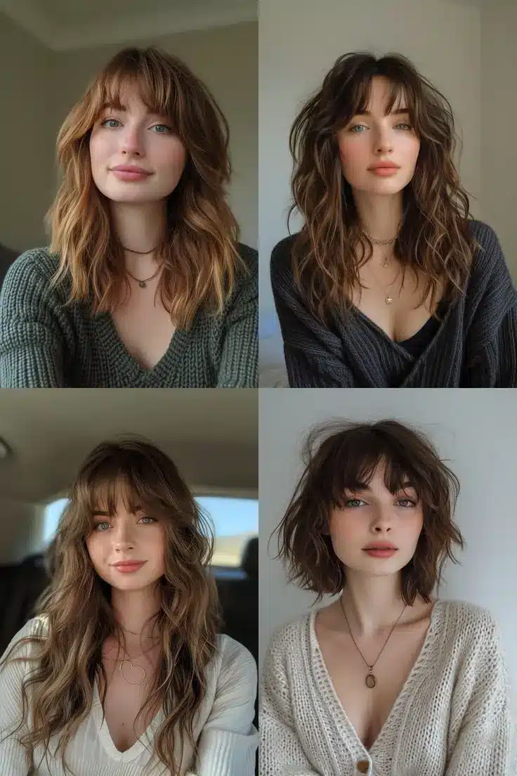 mulher com cabelo shaggy e franja, estilo descontraído