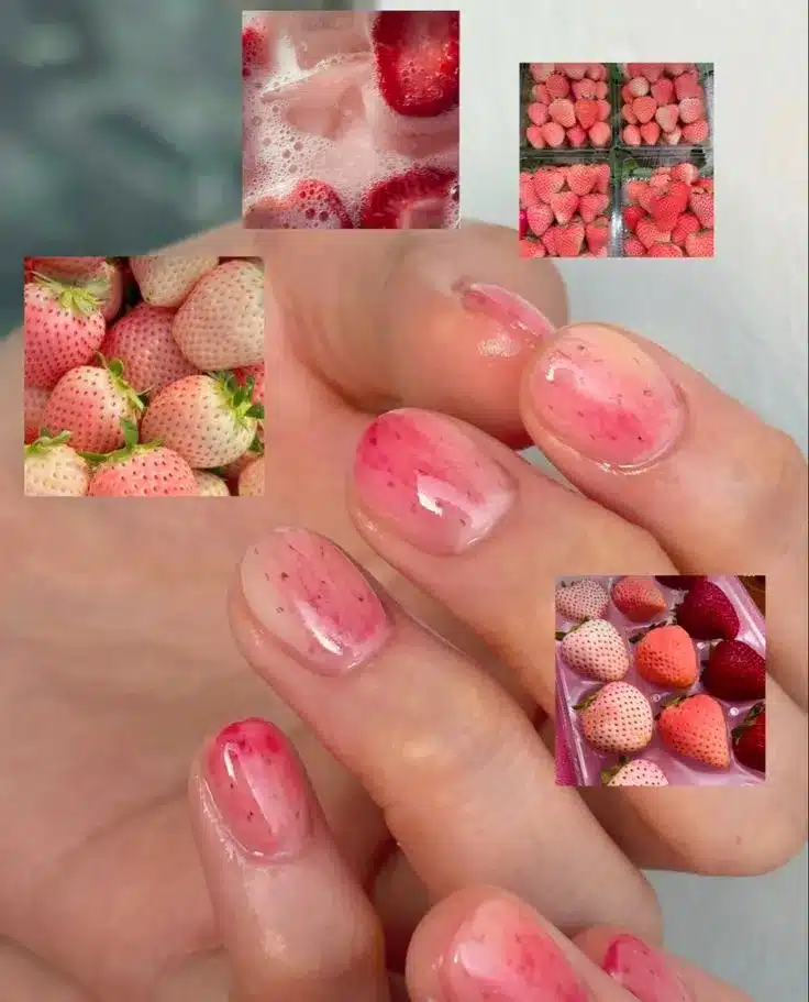 Unhas inspiradas na textura e cor de morangos, com nuances suaves de vermelho e rosa.