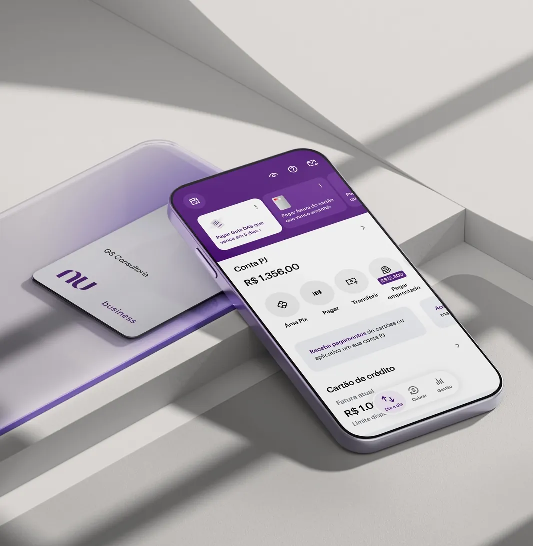 Tela do aplicativo do Nubank com saldo de conta PJ visível.