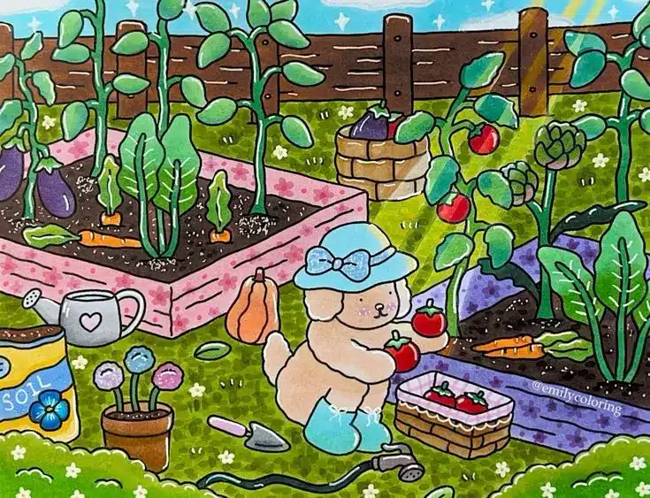 Cenário de jardim colorido com uma boneca de pelúcia cuidando de plantas e flores.