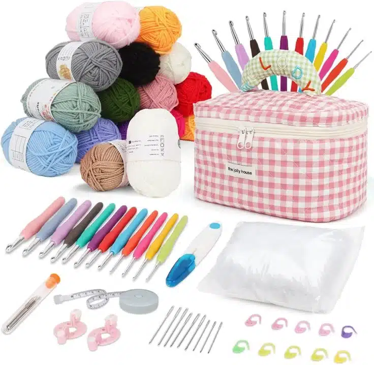 Kit completo de ferramentas de crochê com lã colorida e acessórios