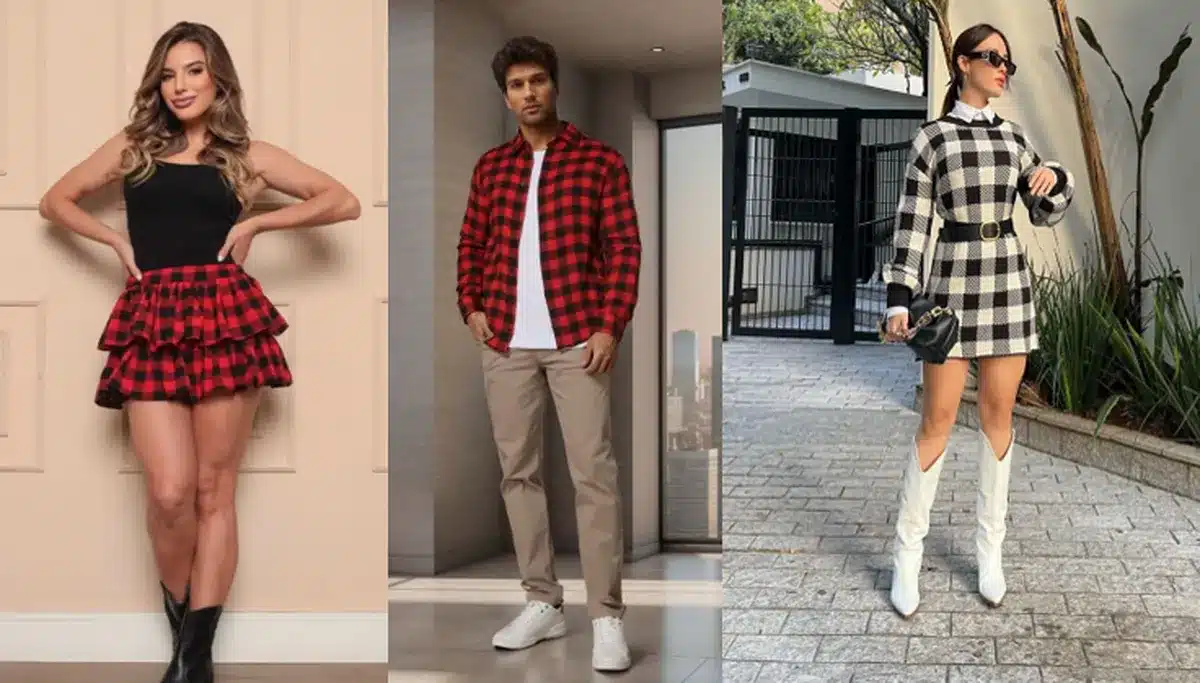 Cinco looks diferentes de xadrez, incluindo vestidos, camisas e saias, em cores vermelho, preto e branco, ideais para o São João.