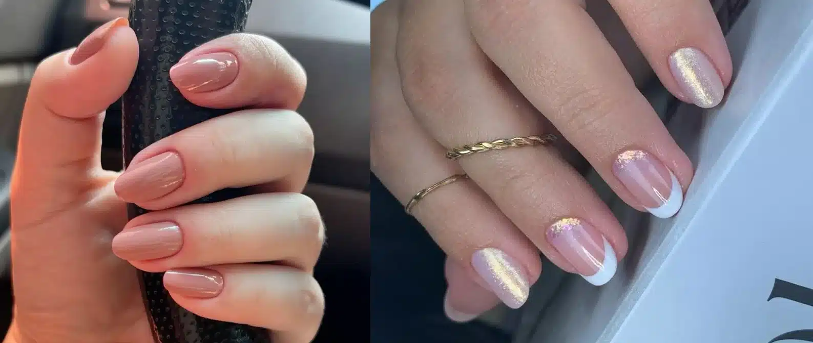 Design de unhas com esmalte nude e francesinha elegante, ideal para o ambiente de trabalho.