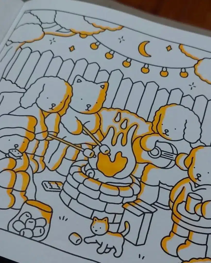 Ilustração de página para colorir com animais em volta da fogueira em estilo Bobbie Goods.