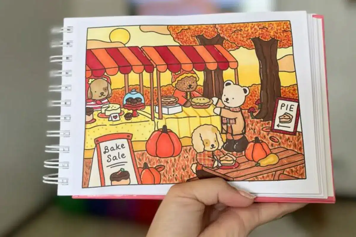 Colorido mercado de bake sale com animais fofos, como cachorrinhos e ursos, em um cenário de outono.